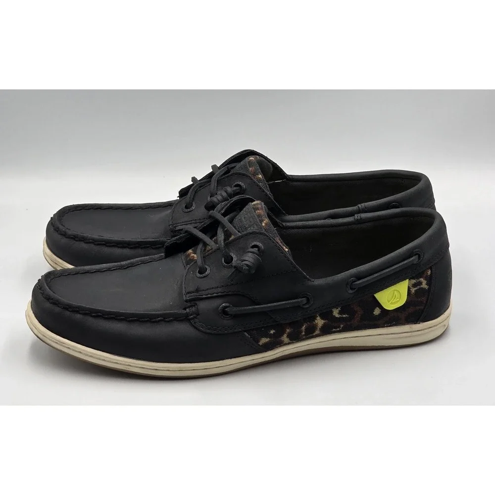 Sperry Songfish Boat Shoes Womens 9.5 Black Leopard Nubuck Leather Lace Up